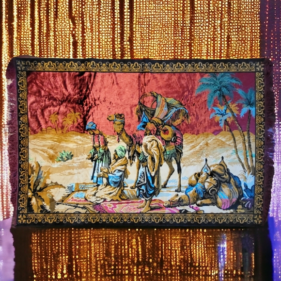 Vintage Velvet Rug w/Three Wise Men and Camel Caravan - Picture 2 of 8